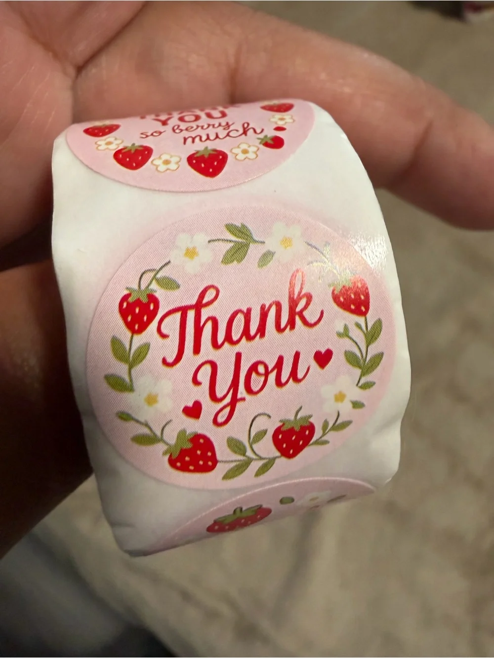 200 Thank You Strawberry Round Sticker Labels - Pink
